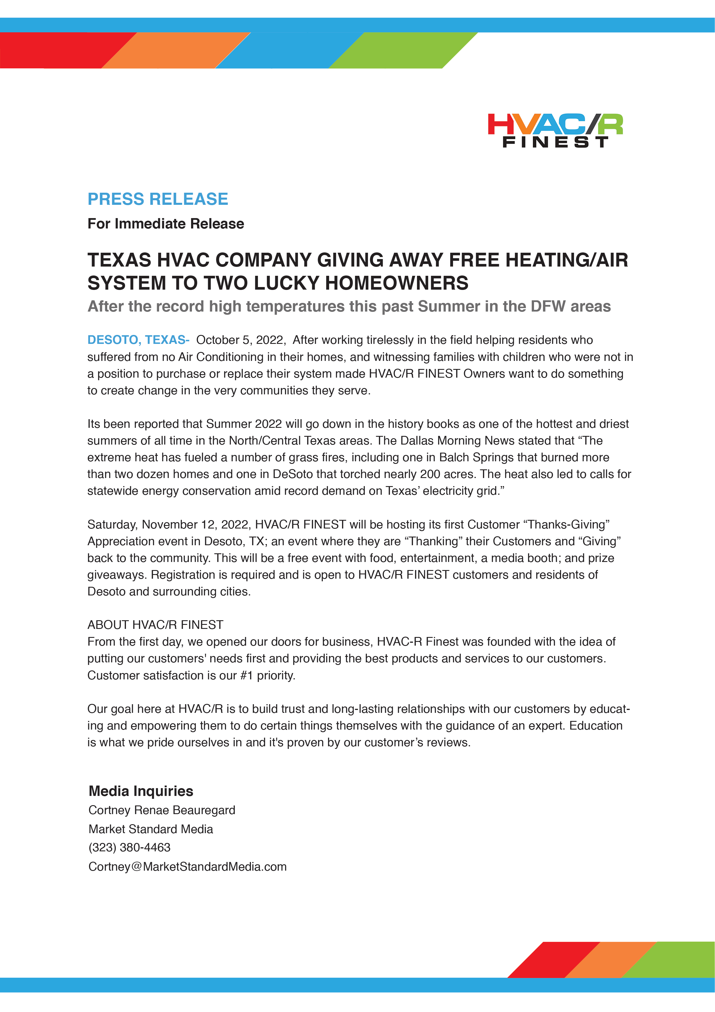 PRESS RELEASE: Texas HVAC company gives away FREE system to Two Lucky Homeowners